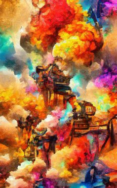 Soyut resim izlenimciliği karışık duvar resimleri. Dekorasyon, büyük boy ve yüksek çözünürlüklü tasarım resimleme için yağlı ve suluboya dijital çizim posteri, parlak ve canlı