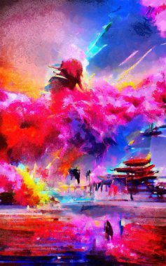 Soyut resim izlenimciliği karışık duvar resimleri. Dekorasyon, büyük boy ve yüksek çözünürlüklü tasarım resimleme için yağlı ve suluboya dijital çizim posteri, parlak ve canlı