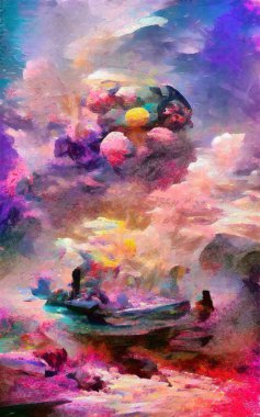 Soyut resim izlenimciliği karışık duvar resimleri. Dekorasyon, büyük boy ve yüksek çözünürlüklü tasarım resimleme için yağlı ve suluboya dijital çizim posteri, parlak ve canlı