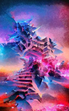 Soyut resim izlenimciliği karışık duvar resimleri. Dekorasyon, büyük boy ve yüksek çözünürlüklü tasarım resimleme için yağlı ve suluboya dijital çizim posteri, parlak ve canlı