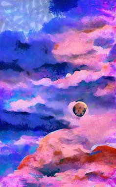 Soyut resim izlenimciliği karışık duvar resimleri. Dekorasyon, büyük boy ve yüksek çözünürlüklü tasarım resimleme için yağlı ve suluboya dijital çizim posteri, parlak ve canlı