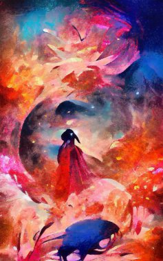 Soyut resim izlenimciliği karışık duvar resimleri. Dekorasyon, büyük boy ve yüksek çözünürlüklü tasarım resimleme için yağlı ve suluboya dijital çizim posteri, parlak ve canlı