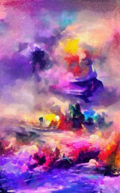 Soyut resim izlenimciliği karışık duvar resimleri. Dekorasyon, büyük boy ve yüksek çözünürlüklü tasarım resimleme için yağlı ve suluboya dijital çizim posteri, parlak ve canlı