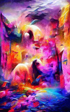 Soyut resim izlenimciliği karışık duvar resimleri. Dekorasyon, büyük boy ve yüksek çözünürlüklü tasarım resimleme için yağlı ve suluboya dijital çizim posteri, parlak ve canlı