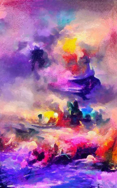 Soyut resim izlenimciliği karışık duvar resimleri. Dekorasyon, büyük boy ve yüksek çözünürlüklü tasarım resimleme için yağlı ve suluboya dijital çizim posteri, parlak ve canlı