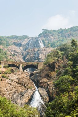 Güneşli bir günde, Dudhsagar şelalesi ve Hindistan 'ın Goa eyaletindeki eski köprü..
