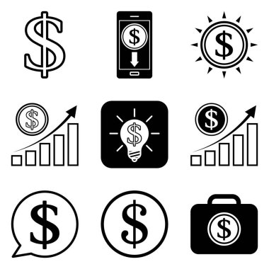 Dolar Düz Simgesi Seti Beyaz Arkaplanda İzole Edildi