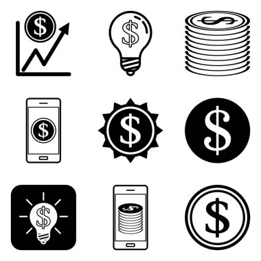 Dolar Düz Simgesi Seti Beyaz Arkaplanda İzole Edildi