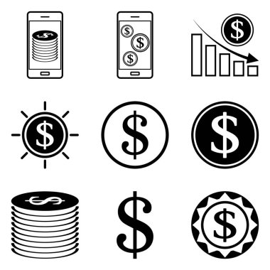 Dolar Düz Simgesi Seti Beyaz Arkaplanda İzole Edildi