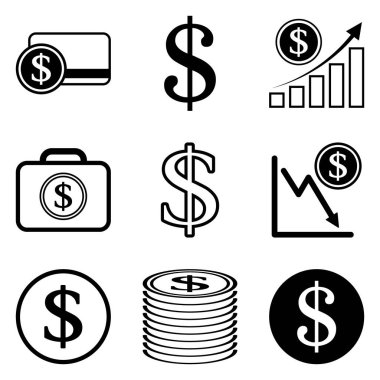 Dolar Düz Simgesi Seti Beyaz Arkaplanda İzole Edildi