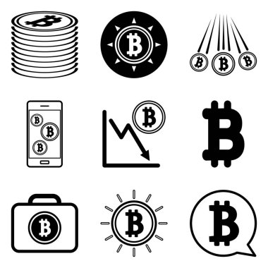 Bitcoin Düz Simge Seti Beyaz Arkaplanda İzole Edildi