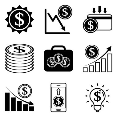 Dolar Düz Simgesi Seti Beyaz Arkaplanda İzole Edildi