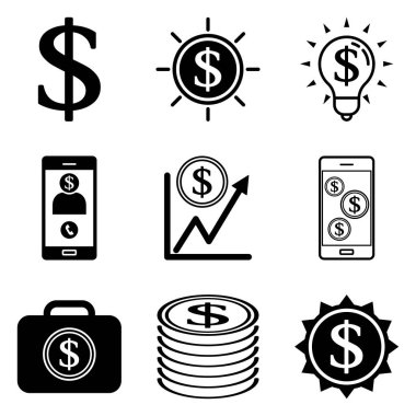 Dolar Düz Simgesi Seti Beyaz Arkaplanda İzole Edildi