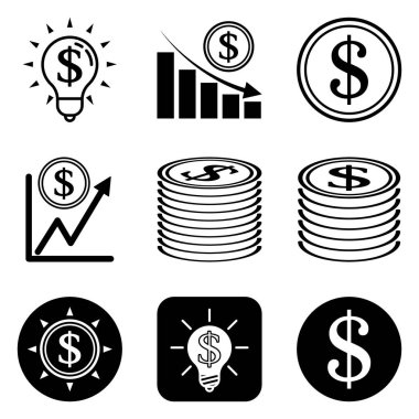 Dolar Düz Simgesi Seti Beyaz Arkaplanda İzole Edildi