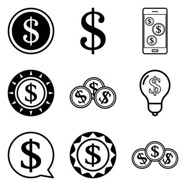 Dolar Düz Simgesi Seti Beyaz Arkaplanda İzole Edildi