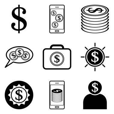 Dolar Düz Simgesi Seti Beyaz Arkaplanda İzole Edildi