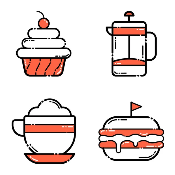 Cafe Red Flat Icon Set Isoliert Auf Weißem Hintergrund — Stockvektor