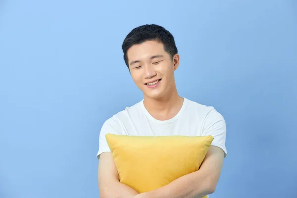 Man Loves His Pillow Blue Background — Stock Photo, Image