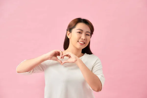 Young Pretty Woman Smiling Making Heart Shape Both Hands Flat — Stock Photo, Image