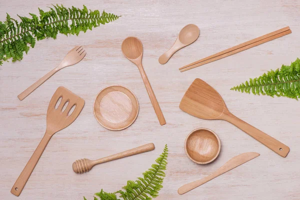 Pile Wooden Kitchen Utensils Photographed — Stock Photo, Image