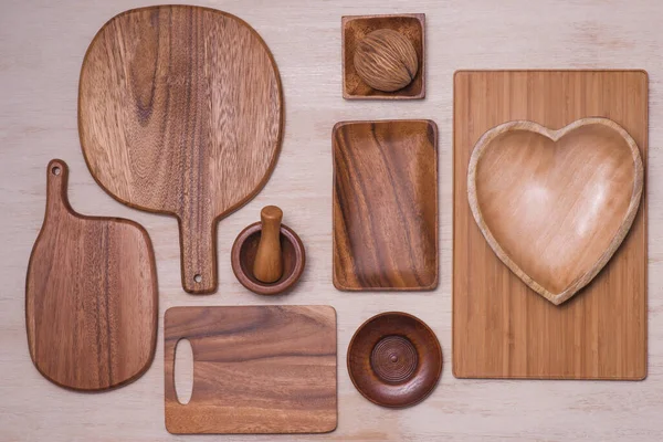 Set Wooden Plates Wooden Background — Stock Photo, Image