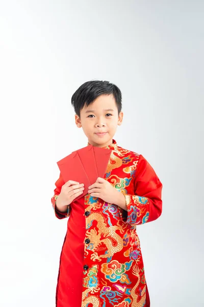 Jeune Asiatique Garçon Avec Rouge Paquet Argent — Photo