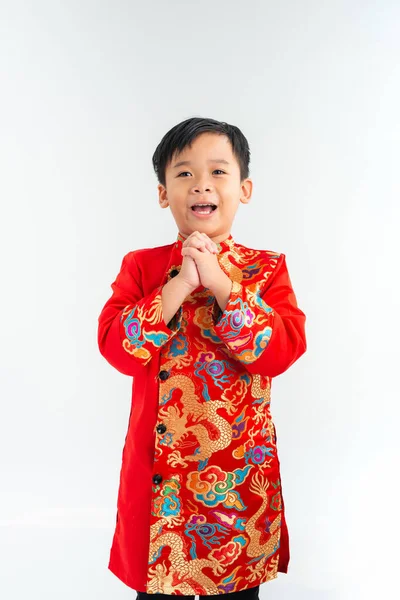 Happy Lunar New Year Young Asian Boy Dai Gesture Congratulation — Stockfoto