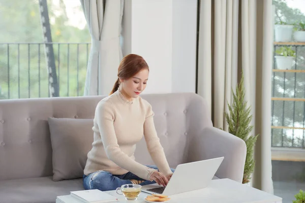 Beautiful Woman Sit Sofa Use Laptop Computer Connection Work — Stockfoto