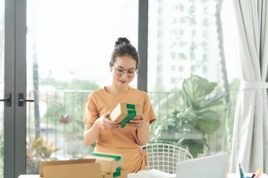 E-ticaret işkadını bir dizüstü bilgisayar üzerinde çalışıyor ve onu ofise teslim etmek için hazırlıyor..