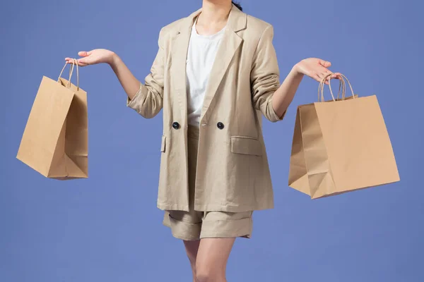 Beautiful Happy Woman Holding Shopping Bags Isolated Purple — Stock Photo, Image