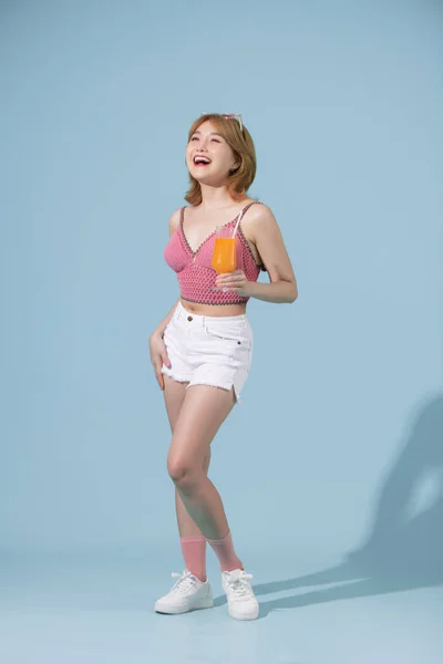 Summer Portrait Beautiful Asian Woman Holding Fruit Juice Drink Isolated — ストック写真