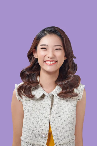 Beautiful Young Asian Woman Pose Big Smile Purple Ackground — Stock Fotó