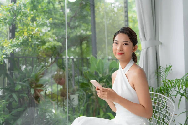 Millennial Korean Woman Shopping Online Browsing New App Mobile Phone — Stockfoto