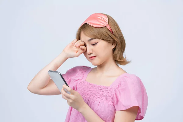 Cheerful Girl Waking Grab Phone Checking Messages Scrolling News Feed — стоковое фото