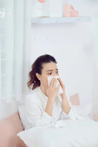 Sick Woman Bed High Fever Flu Resting — ストック写真