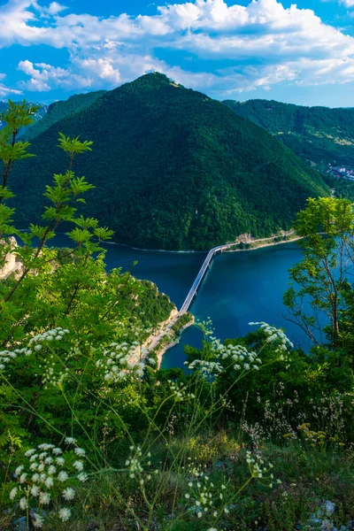 Ponte Sobre Lago Piva Localizado Desfiladeiro Entre Altas Montanhas Verdes — Fotografia de Stock