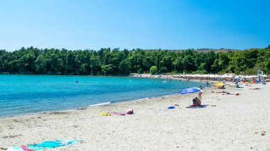 Plavi Horizonti plajı, Karadağ - 28 Haziran 2021: Çam ormanıyla çevrili temiz suyla kumlu plajda tatil yapanlar çocuklar için harika. Yaz güneşli manzarası. Radovici. Tivat Koyu.