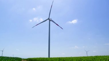 Windmill or wind turbine close up on field of green sunflowers and blue sky background. Summer sunny day. Agricultural landscape.