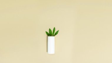Bej arka planda kozmetik kremi olan 4K beyaz tüp. Borudan yeşil yapraklar çıkar ve hafifçe sallanır. Doğal malzemelerden yapılmış kozmetik konsepti. Hareket animasyonunu durdur. Boşluğu kopyala.