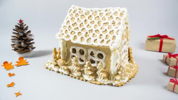 Homemade Gingerbread House White Sweet Icing Rotates Its Axis Decorated — Video Stock