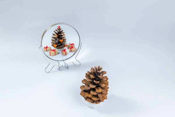 Big Brown Cone Sees Itself Mirror Decorated Christmas Tree Gift — Stockfoto