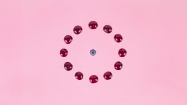 Berry Kaleidoscope Fireworks Ripe Blueberries Cherries Plums Appearing Center Concept — Wideo stockowe