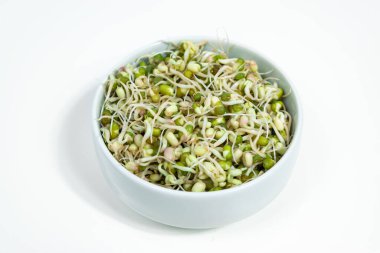 Bowl of sprouted mung beans (Vigna radiata) with small roots for eating. White background. Close up. Concept of diet, vegetarianism, vegan, healthy products and proper nutrition. Copy space.