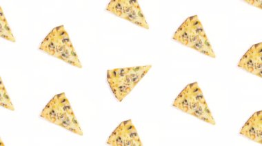 4k Pizza patern. Group of triangular pizza slices rotates around its axis following the central slice. White background. Popular delicious food concept. Stop motion animation.