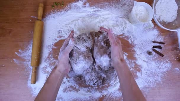 Female Hands Stir Brown Dough Mixing White Flour Cooking Gingerbread — Stok Video