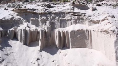 Çöken kumlu sahile yakın çekim. Toprak erozyonu ve toprak kayması sorunu. Kum ufalanıyor, güneşte kuruyor ve rüzgarla savruluyor..