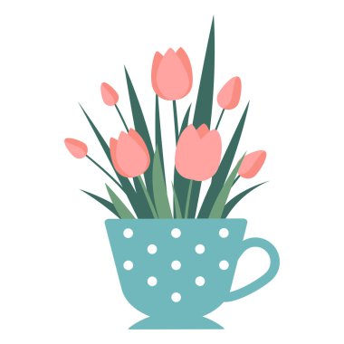 Mavi bir fincanda bir buket lale resmi. Pastel renkte bahar çiçekleri. Tebrik kartı, davetiye, pankart, baskı, kartpostal için şablon.