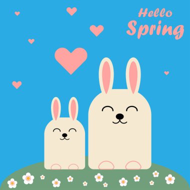 Bahçede iki sevimli tavşan ve çiçek vektör çizimi.