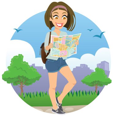Turist kız haritaya bakan vektör çizimi