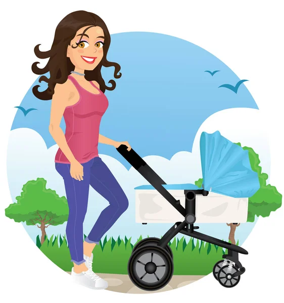 Genç anne park vektör çizimi dışında yürüyor